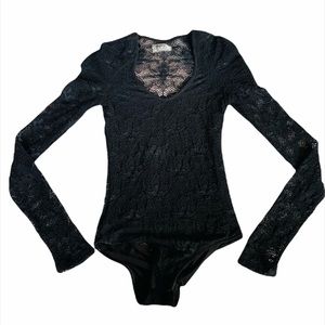 Night Cap Clothing Black Sheer Lace Long Sleeve lined Body Suit black orchids